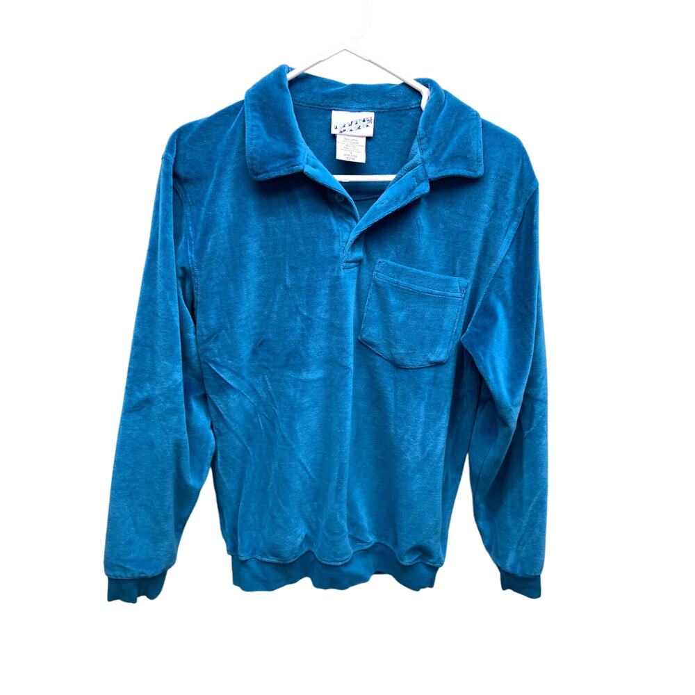 Irvine 70s Park 1/4 Zip Aqua Teal Velour Sweater Pullover with Pocket Size S
